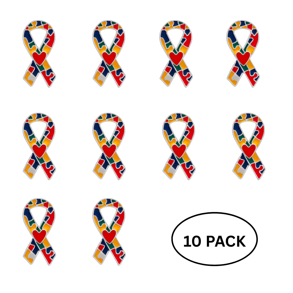 10 Pack Autism Puzzle Ribbon with Heart Pins