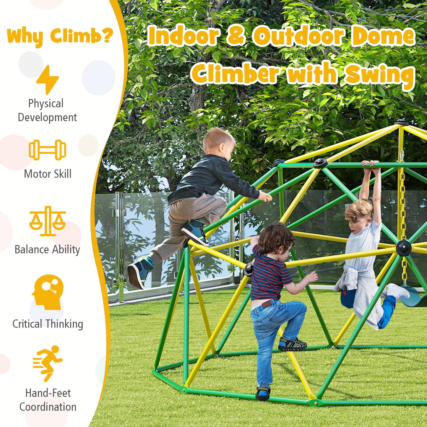 10 Feet Dome Climber with Swing and 800 Lbs Load Capacity
