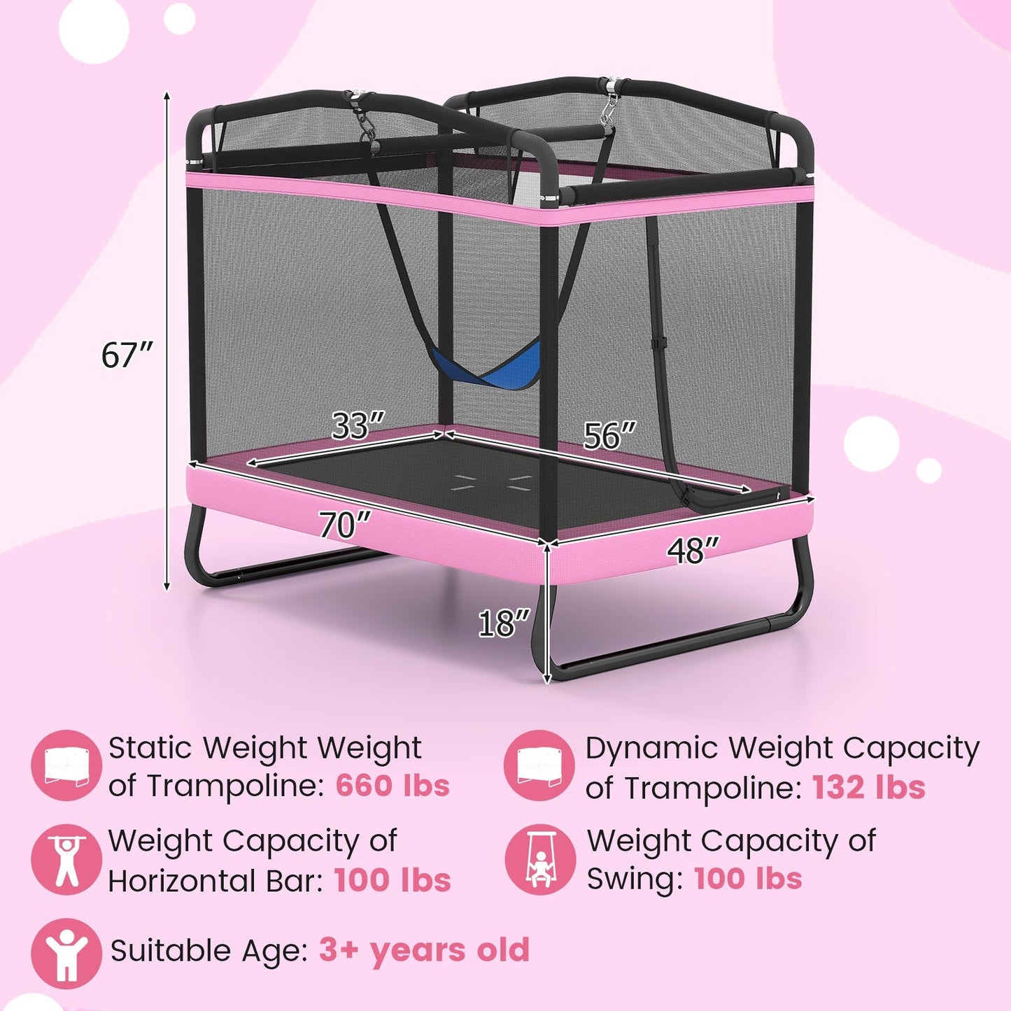 6 FT Kids Trampoline with Swing and Horizontal Bar Small Rectangle Trampoline