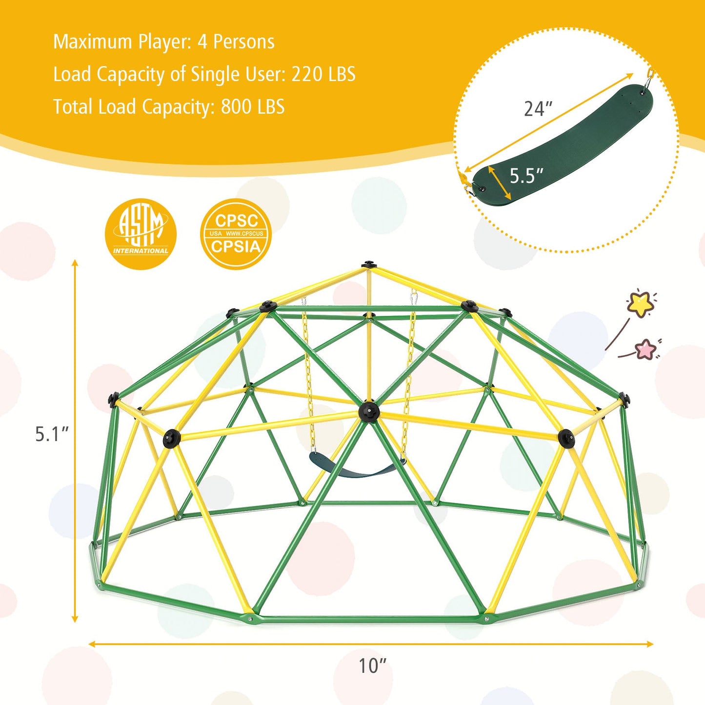 10 Feet Dome Climber with Swing and 800 Lbs Load Capacity